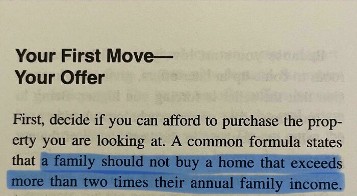 A highlighted book passage advising families not to buy a home exceeding two times their annual income, aging poorly.