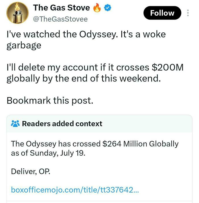 A tweet about The Odyssey's box office performance and a user's promise, which aged poorly.