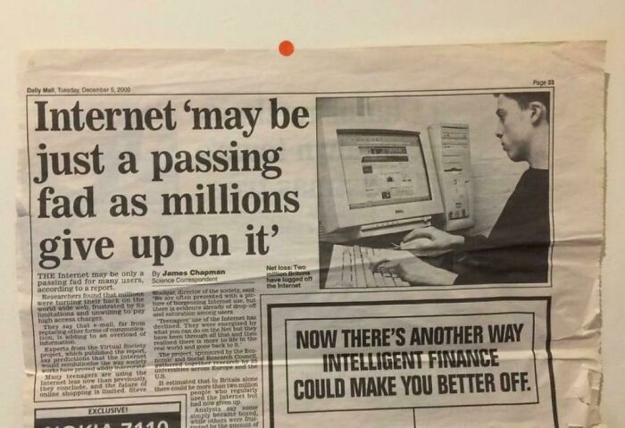 Newspaper headline from 2000 stating the Internet may be a passing fad, which aged poorly.