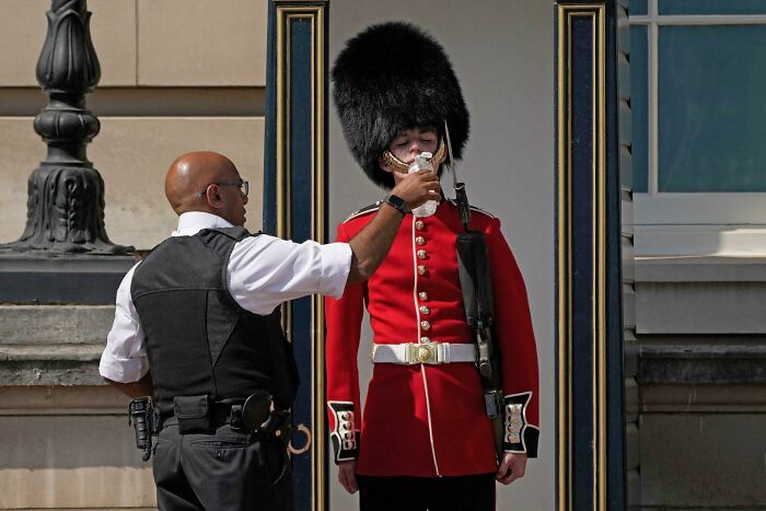 A man in a vest offering a bottle of water to a British guard in a red uniform and bearskin hat, during summer.