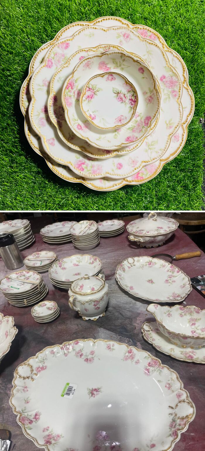 An extensive set of antique floral china dishes, a beautiful thrift store jackpot.