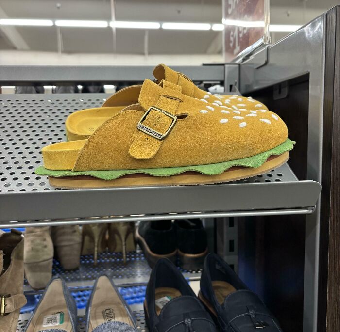 Hamburger-shaped clogs on a shelf, a quirky jackpot discovery at the thrift store.