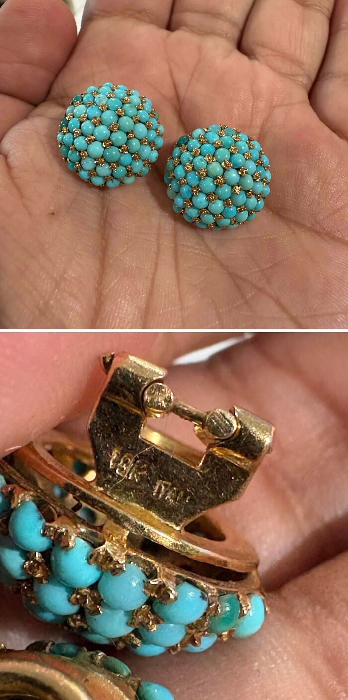 Close-up of elegant turquoise and gold earrings, a lucky thrift store jackpot.