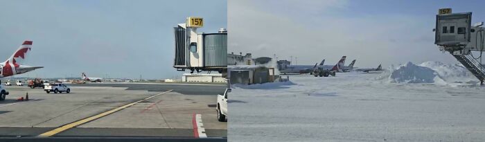 A split image of an airport gate, showing summer on the left and winter on the right, highlighting melting.