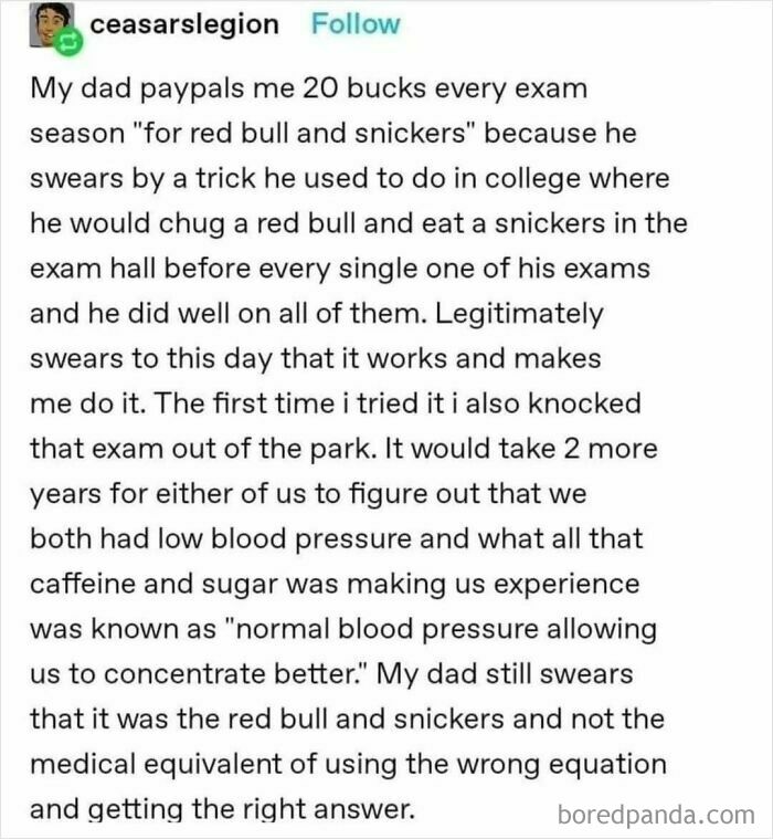 A funny science meme about a father and child's unusual exam preparation involving Red Bull and Snickers.