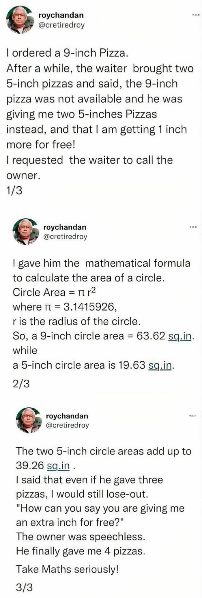 A funny meme discussing a math problem about pizza sizes, highlighting a clever take on science.