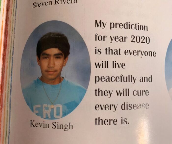 A yearbook entry with a prediction for 2020 that aged so poorly it makes people cringe.