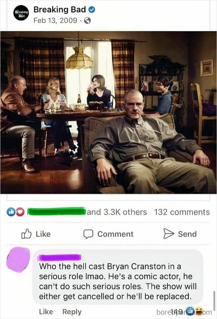 A screenshot of a Breaking Bad post with a comment questioning Bryan Cranston's casting, illustrating things that aged poorly.