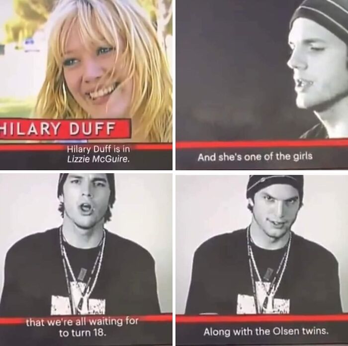 A four-panel image with Hilary Duff and a man talking about her and the Olsen twins, showcasing things that aged poorly.