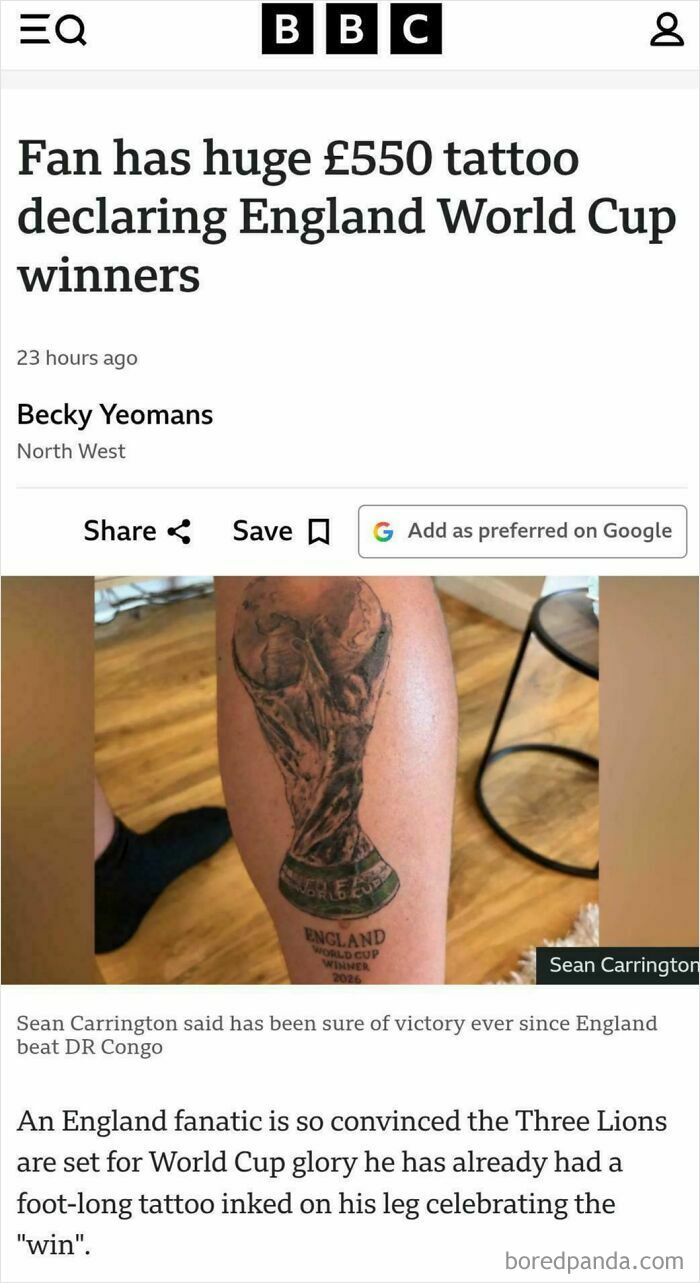 A news article about a huge tattoo celebrating England World Cup winners, which aged poorly.