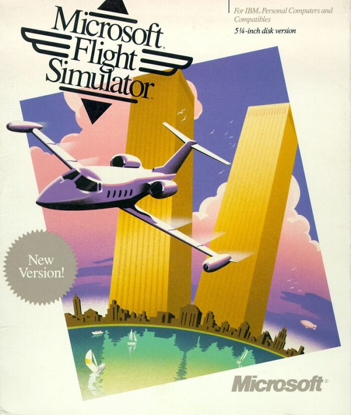 The Microsoft Flight Simulator box art with an airplane flying past the Twin Towers, a scene that aged poorly.