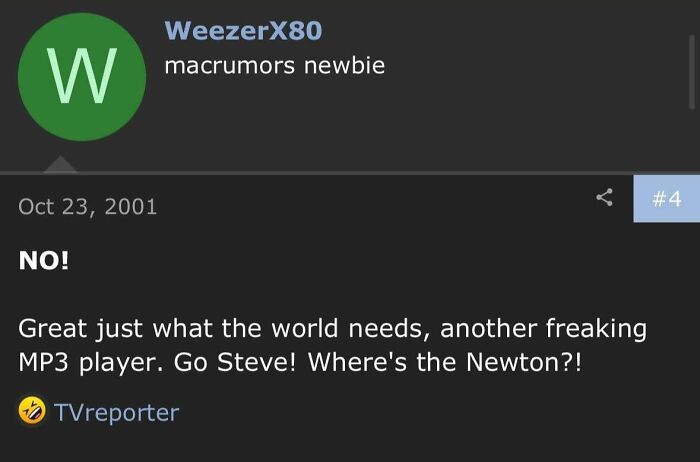 A MacRumors forum post from 2001 with a user commenting NO! to a new MP3 player, a prediction that aged so poorly.