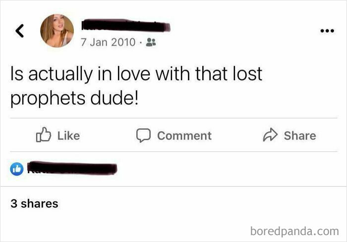 A Facebook post from January 7, 2010, showing a user professing love for lost prophets, indicating content that aged poorly.