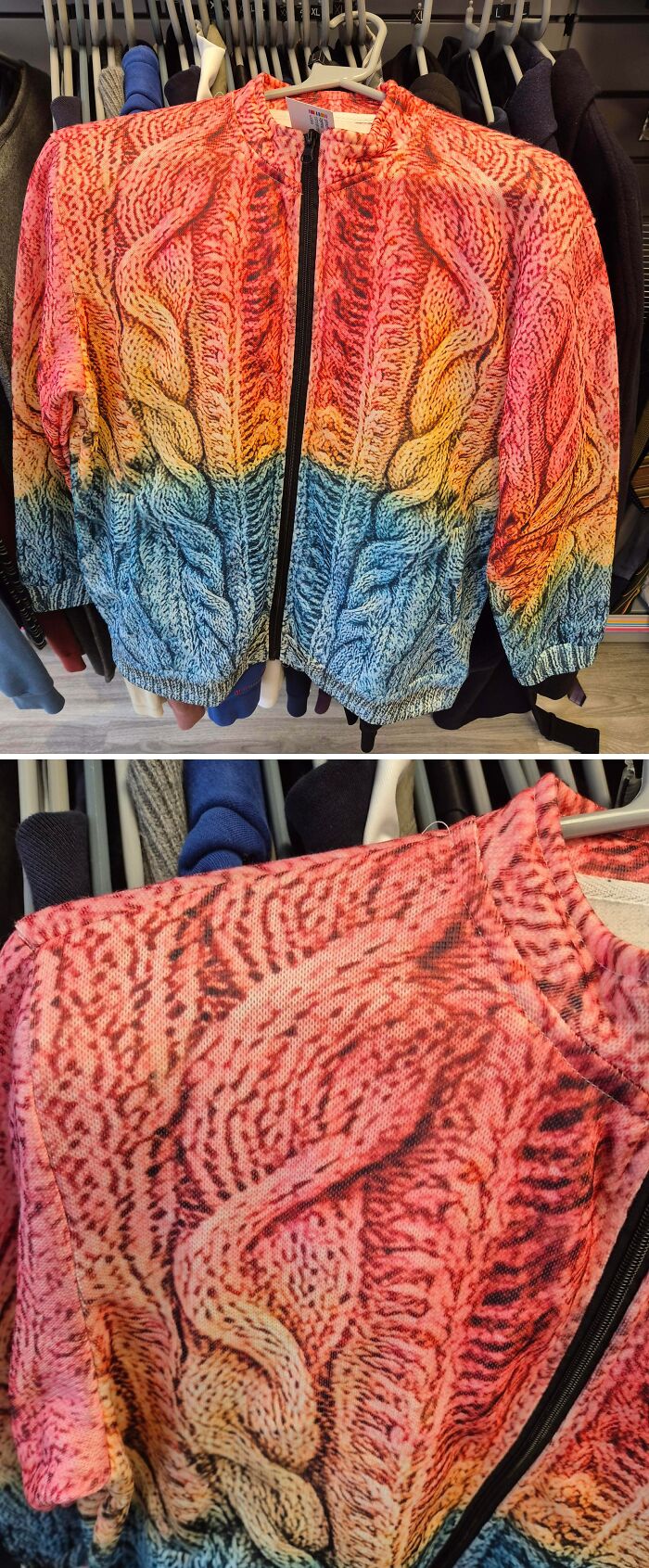 A colorful knitted-pattern jacket, a fashionable thrift store jackpot.