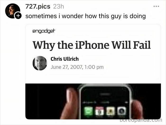 A news article headline from 2007 titled 'Why the iPhone Will Fail,' an opinion that aged so poorly.