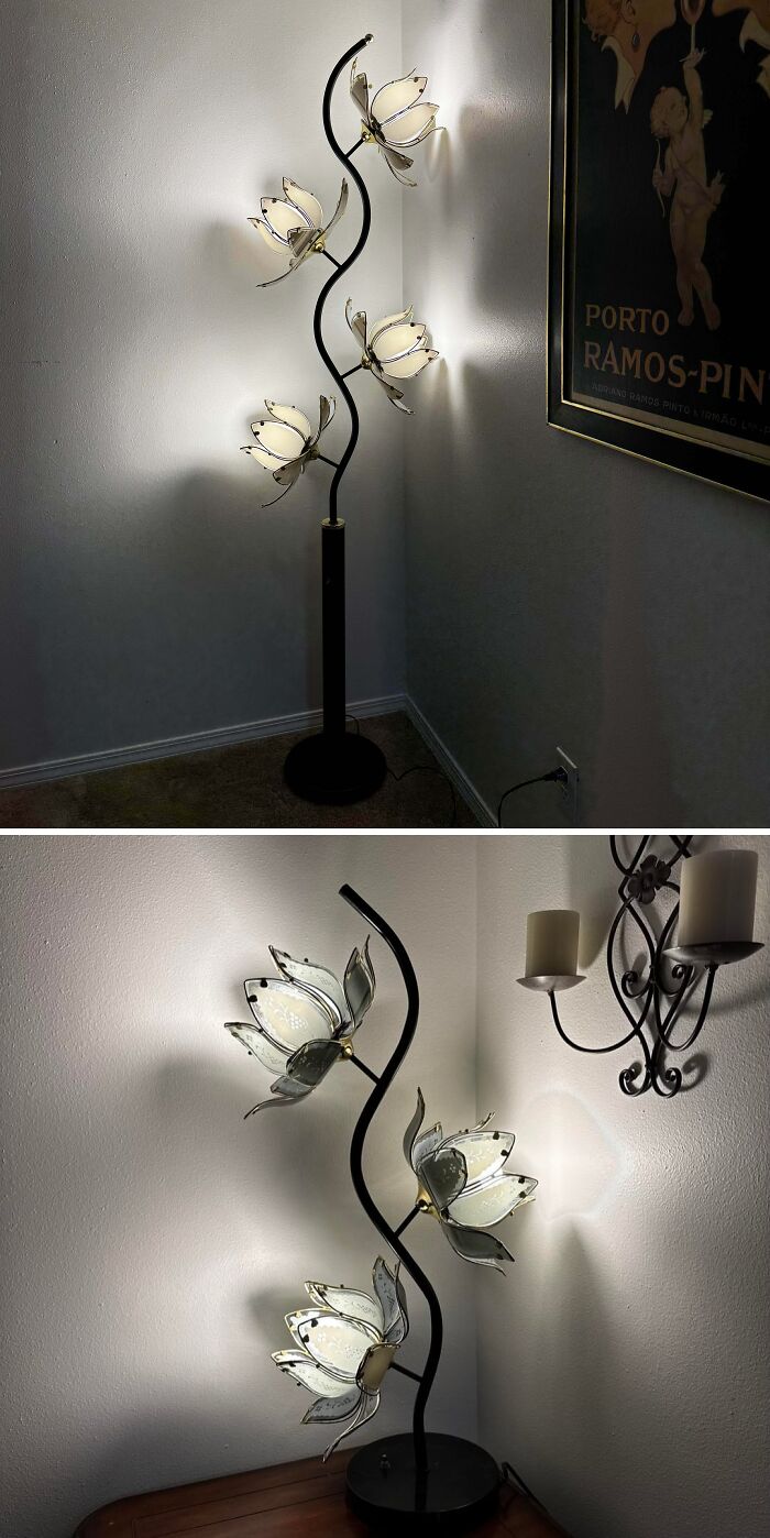 Elegant floor lamp with three glowing flower-shaped lights, a beautiful thrift store jackpot discovery.