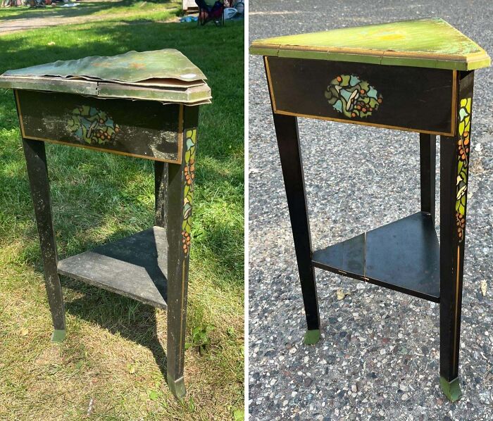 Before and after images of a restored vintage side table with green top and painted details, a thrift store jackpot.