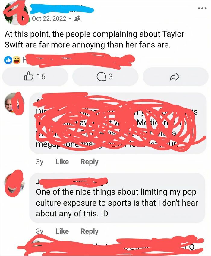 A Facebook post from 2022 discussing Taylor Swift, with comments showing things that aged poorly.