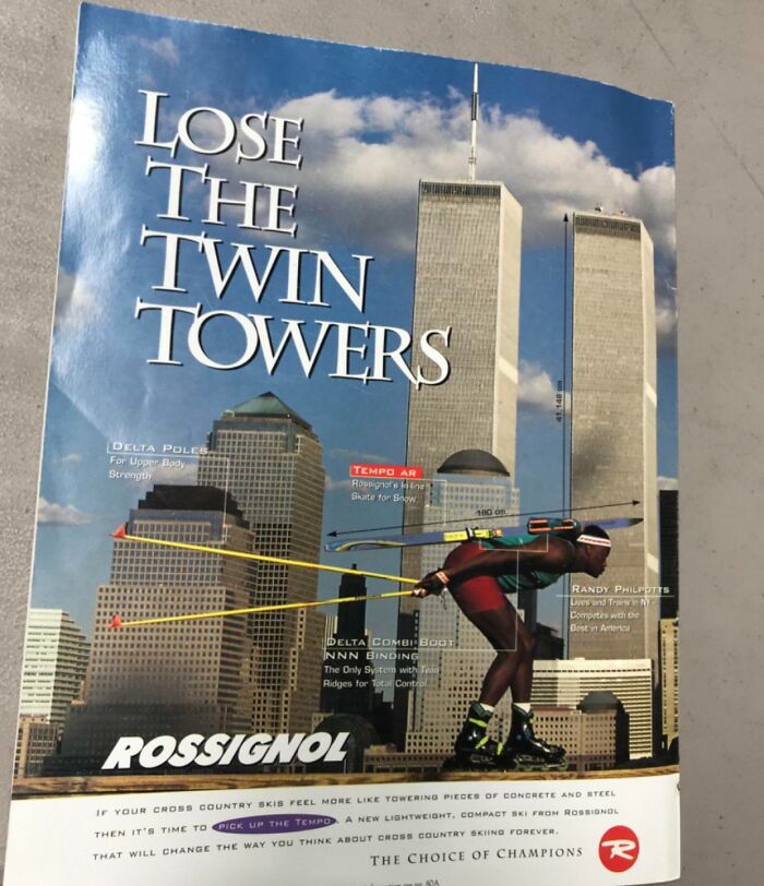 An advertisement featuring the Twin Towers, a prime example of things that aged so poorly.