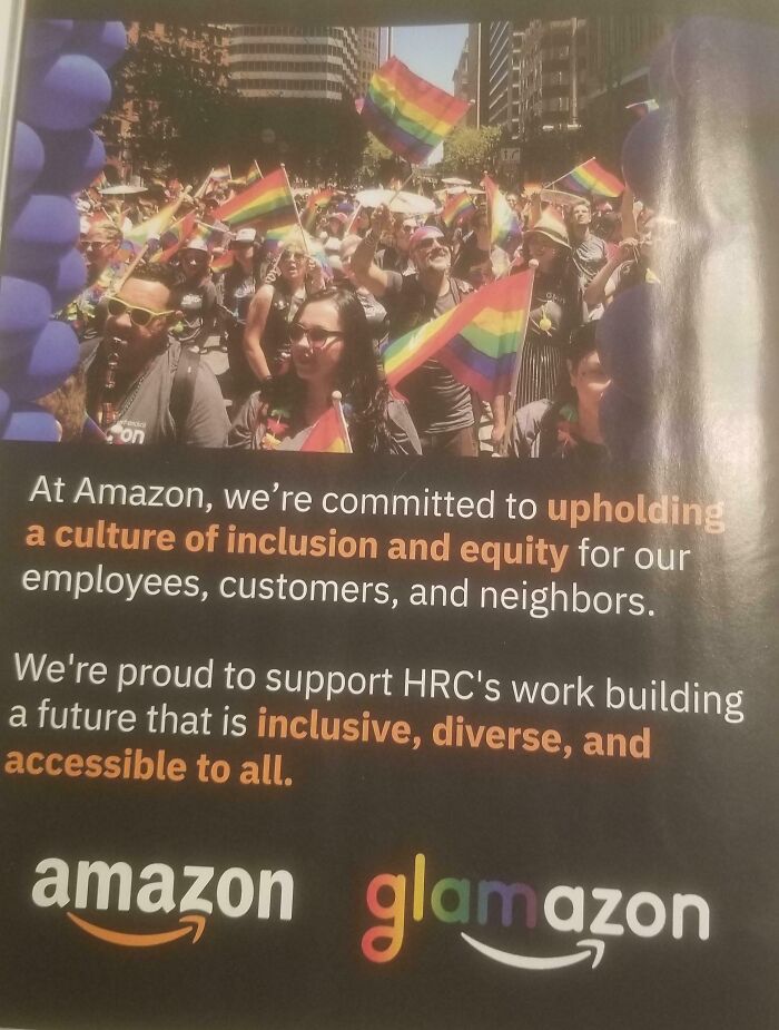 An Amazon advertisement promoting inclusion and equity, with a crowd holding pride flags, showcasing how things aged poorly for some companies.
