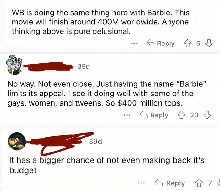 Reddit comments suggesting that the Barbie movie would fail at the box office, showcasing predictions that aged so poorly.