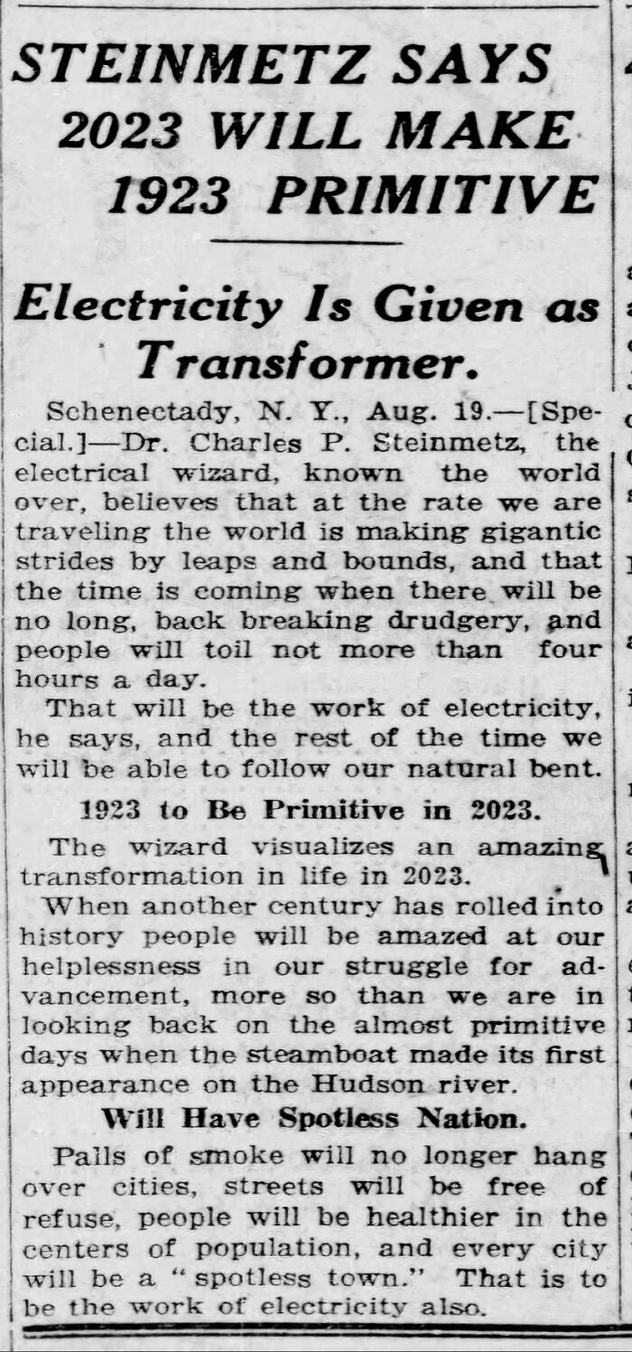 A newspaper article from 1923 predicting how 2023 will make 1923 primitive, showcasing things that aged poorly.