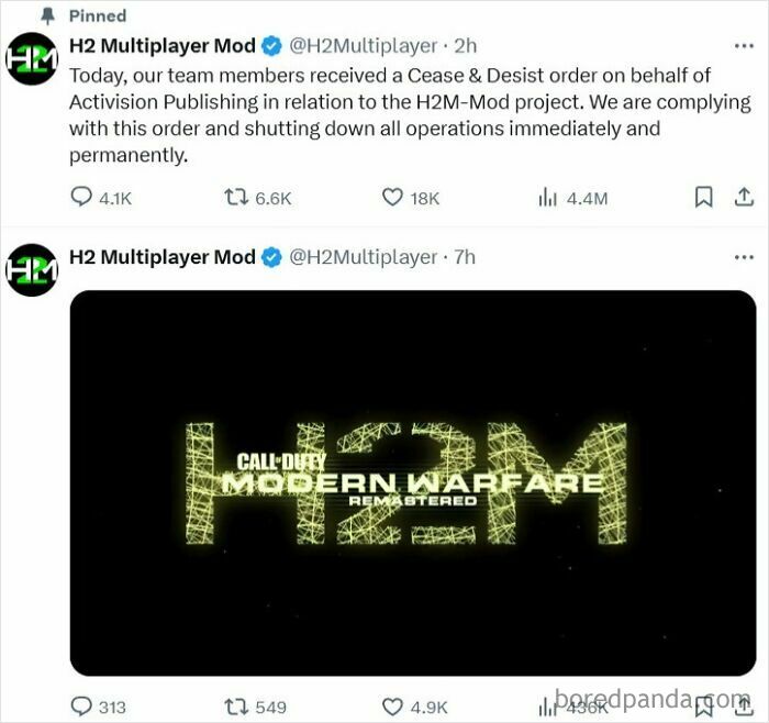 A social media post from H2 Multiplayer Mod announcing a Cease & Desist order, showing things that aged so poorly.