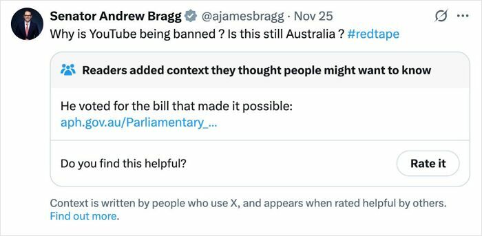 Senator Andrew Bragg caught in contradictions online about voting for a bill banning YouTube.