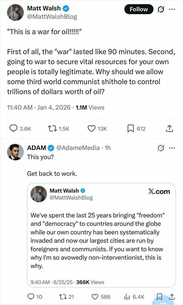 A social media post showing a user caught in contradictions about war and interventionist foreign policy.