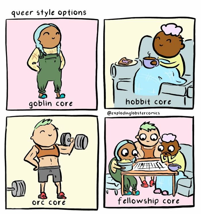 A comic showcasing different queer style options: goblin core, hobbit core, orc core, and fellowship core.