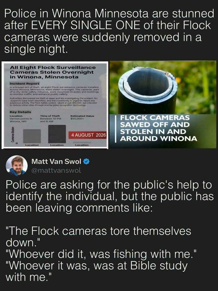 A chaotic good post about Flock surveillance cameras being removed overnight in Winona, Minnesota.