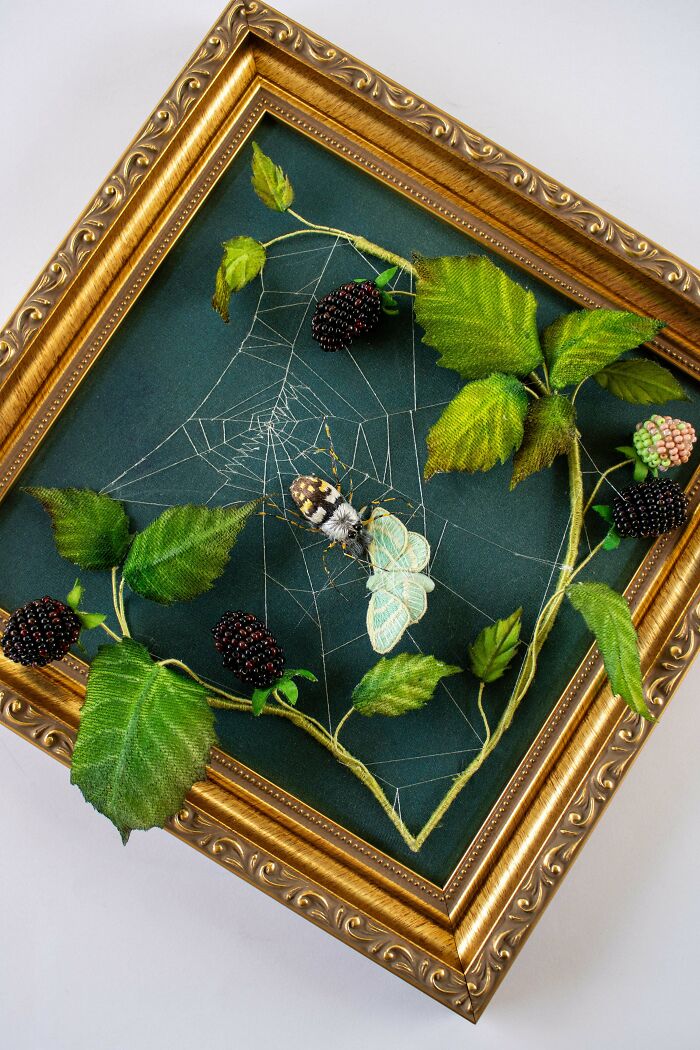 Stunning 3D embroidery projects of a spider, web, and blackberries in an ornate gold frame