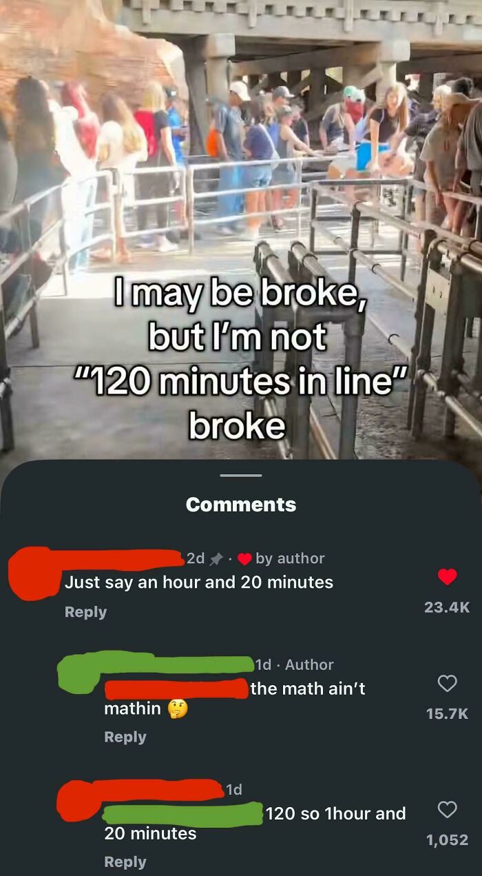 A screenshot showing a social media post where a person claims to be too broke for a 120-minute line, followed by comments pointing out their mathematical error. The image highlights dumb people on the internet and their low IQ.