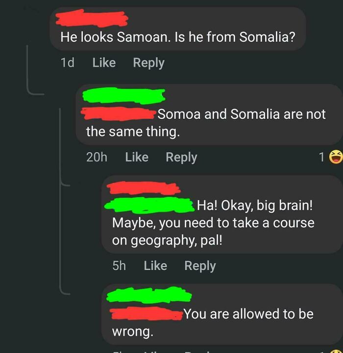 A Facebook comment section where dumb people are confused about Samoa and Somalia, highlighting low IQ.