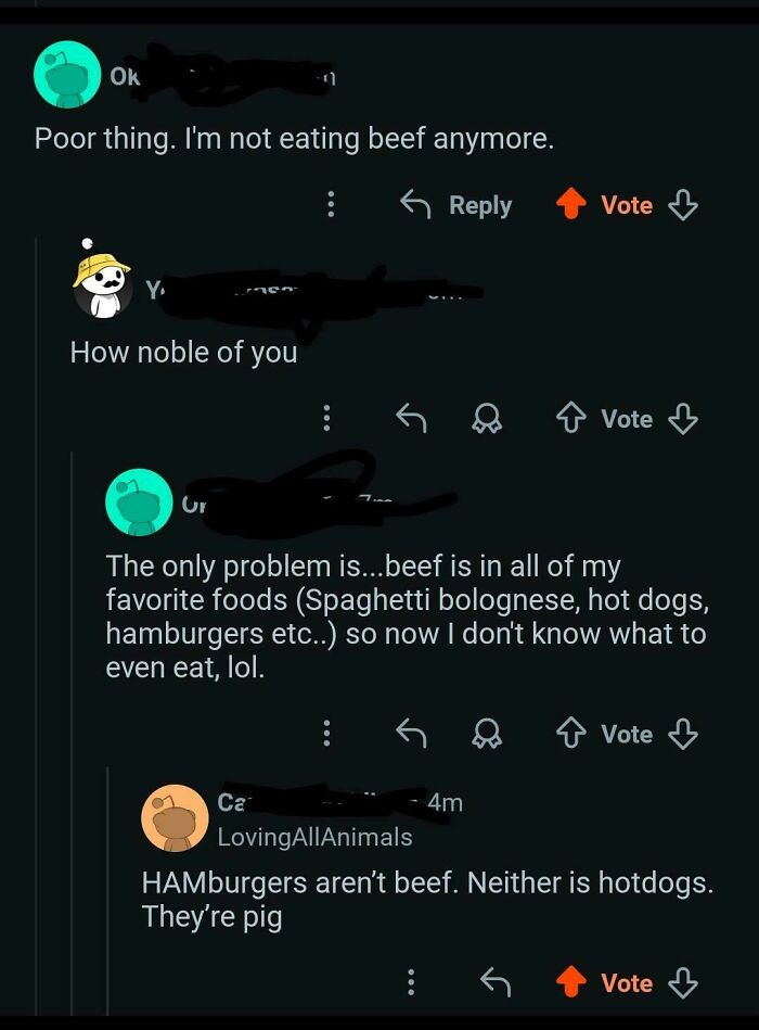 A Reddit thread discussing dumb people who confuse beef with pork, showing a lack of internet knowledge.