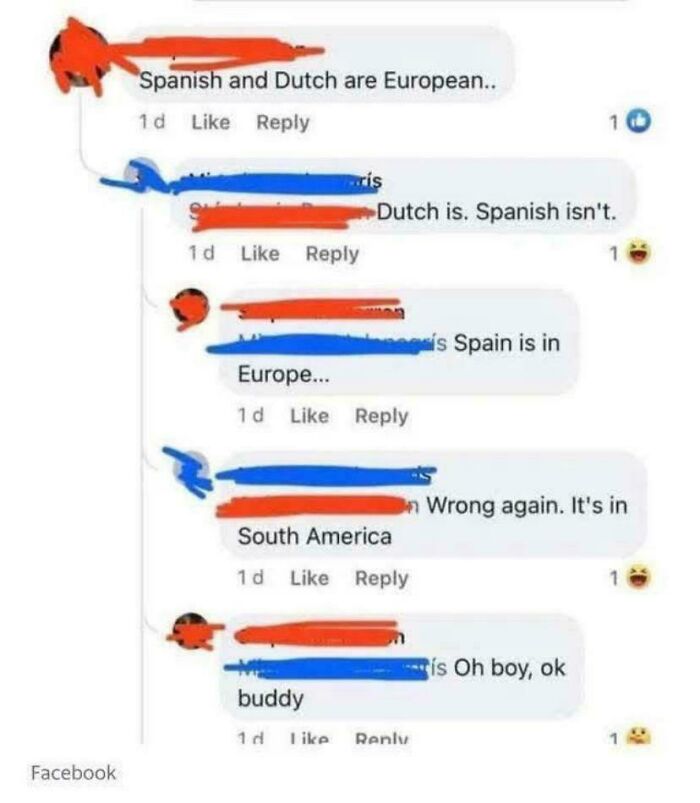 A Facebook conversation where users argue about geography, showcasing dumb people with low IQ.
