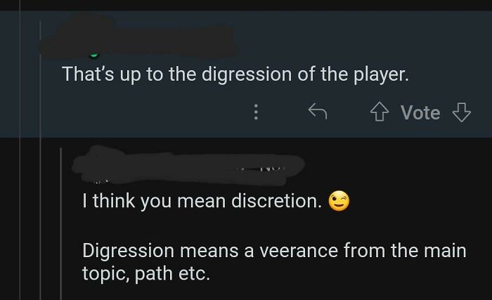 A social media correction of the word 'digression' to 'discretion,' showing people with low IQ.