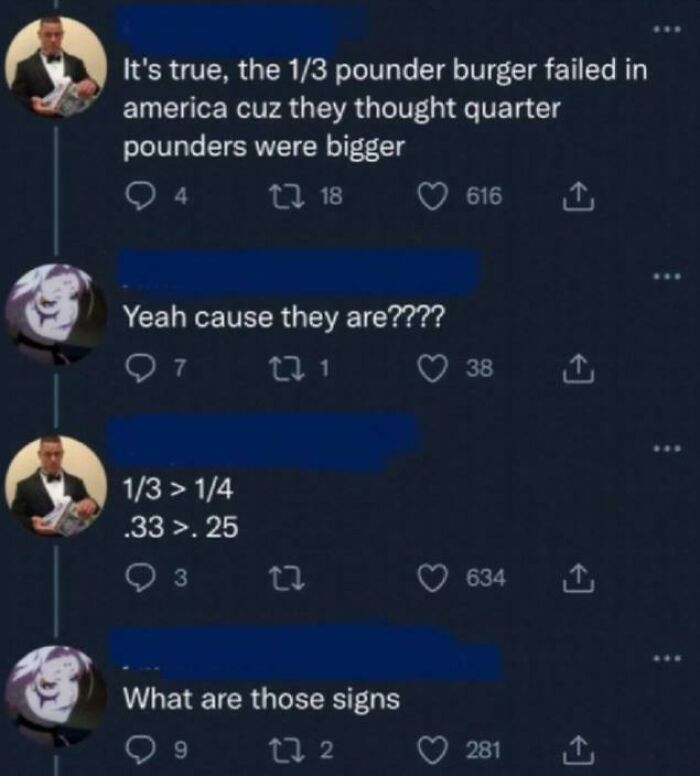 A Twitter conversation where users display low IQ by misunderstanding fractions in burger sizes.