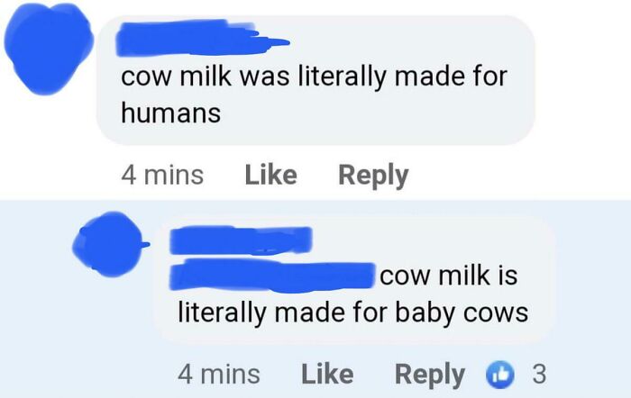Facebook comments with people arguing about cow milk's purpose, showcasing dumb people and low IQ.