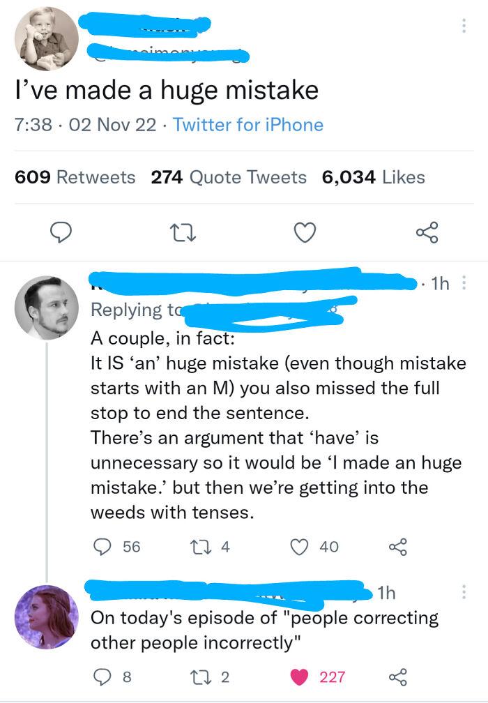 A Twitter conversation shows someone correcting grammar, a common low IQ mistake found on the internet.