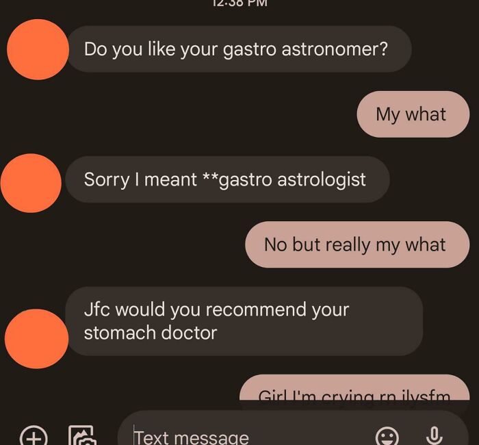 A text message conversation where one person struggles to correctly name a stomach doctor, highlighting a low IQ moment.