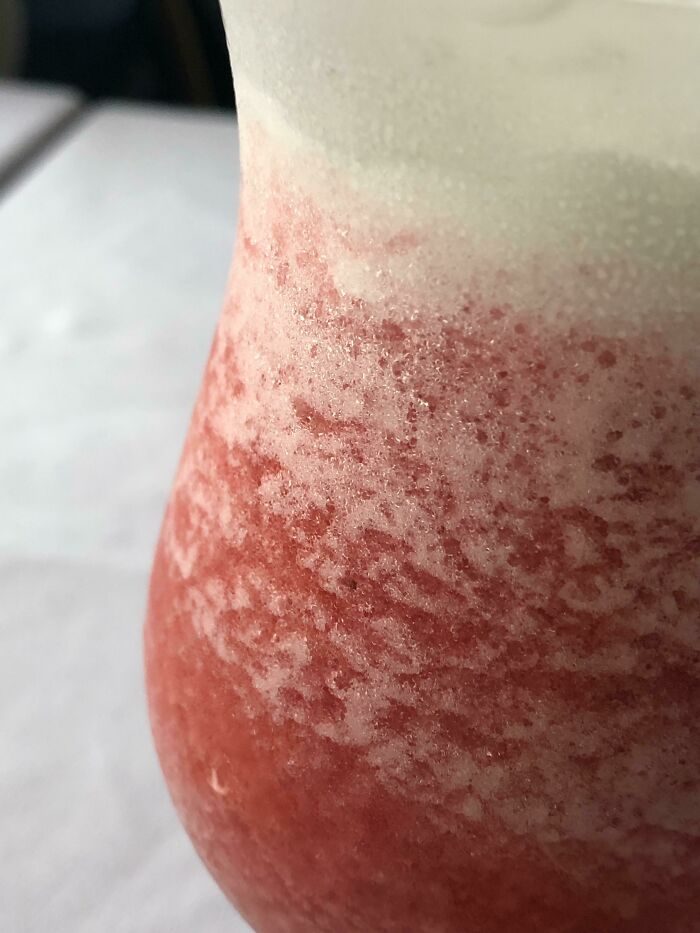 Close-up of a frosty, two-toned beverage, a confusing pic with a misleading headline.