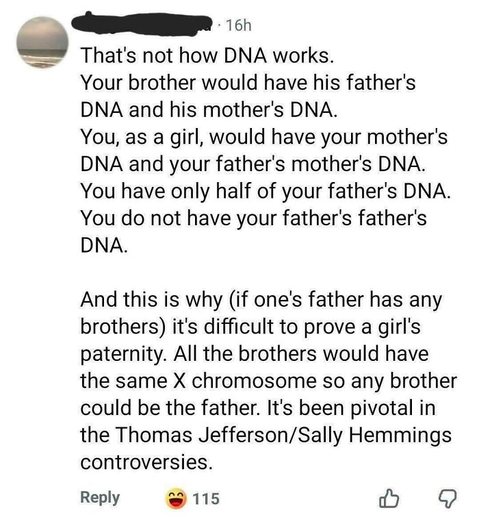 A social media post explaining DNA inheritance, showcasing a misconception by dumb people on the internet.