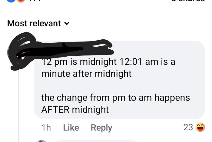 A social media comment incorrectly defining 12 pm as midnight, an example of dumb people and low IQ on the internet.