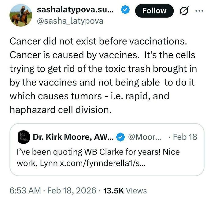 A social media post falsely linking cancer to vaccinations, an example of misinformation from dumb people on the internet.