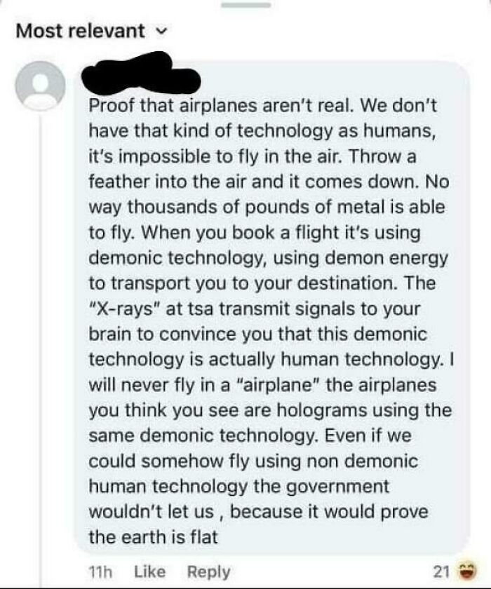 A social media post claiming that airplanes aren't real and use demonic technology, along with a flat earth theory. This is an example of dumb people on the internet.