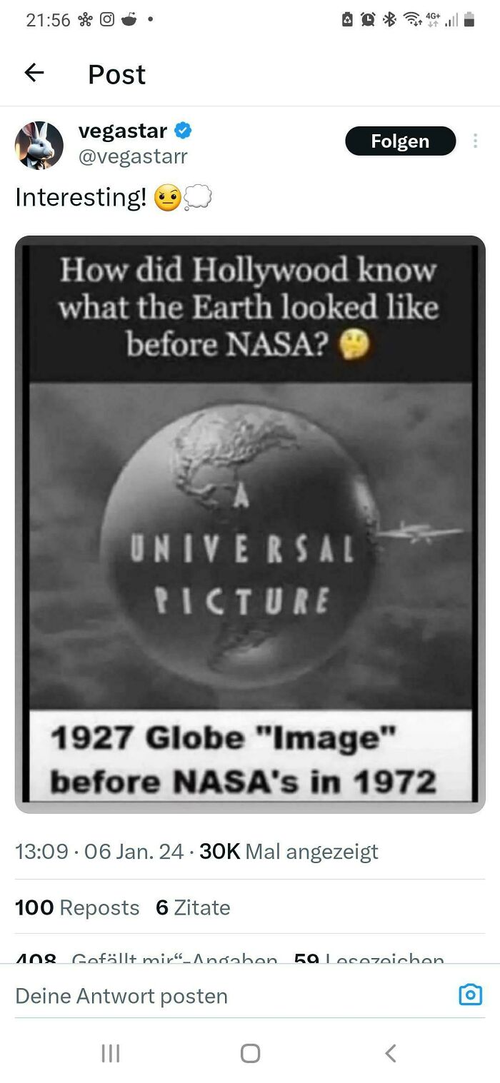 A screenshot of a post questioning how Hollywood knew what the Earth looked like before NASA, showing a 1927 globe image. This is an example of dumb people on the internet.