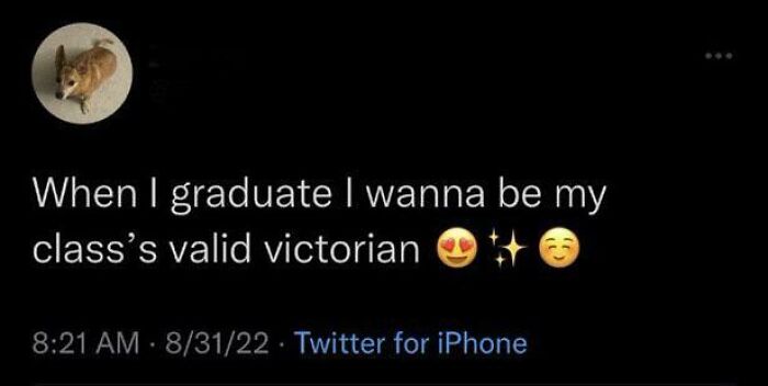 A tweet misusing the term 'valid Victorian' instead of 'valedictorian,' showcasing dumb people and low IQ moments online.