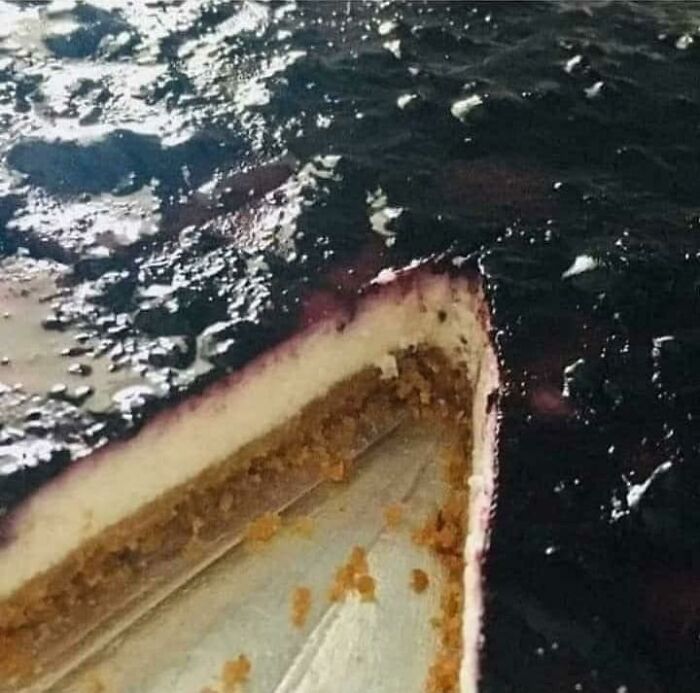 A sliced cheesecake topped with dark fruit compote, creating a confusing pic.