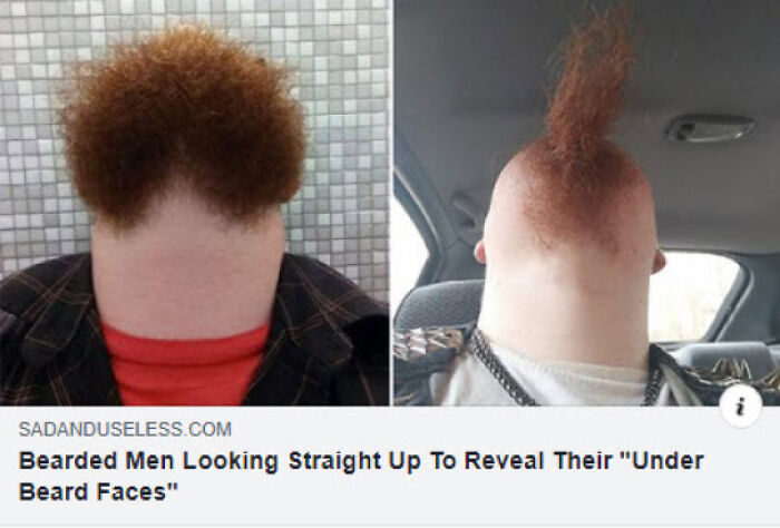 Two images of men with their heads tilted back, showing beards as misleading headlines, creating confusing pics.